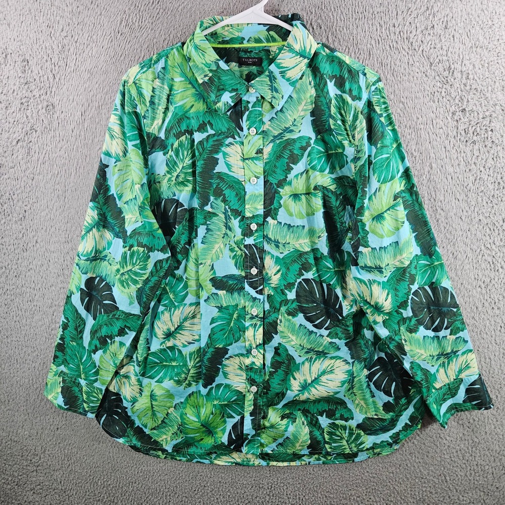 Talbots Plus Womens Green Blue Tropical Palm Leaf Cotton Button Down Shirt 1X